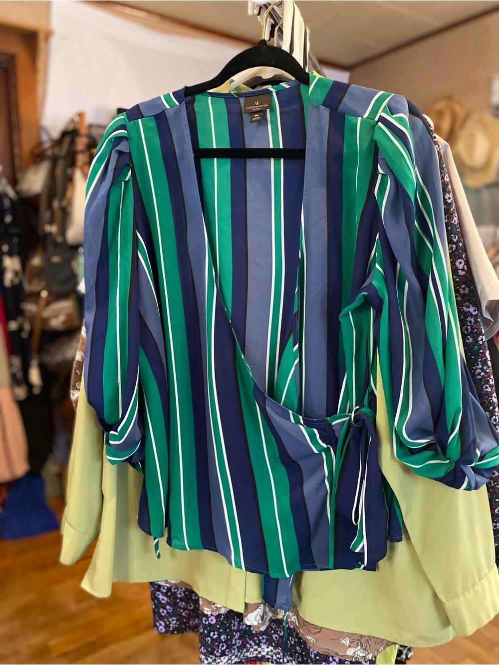 Worthington Striped Wrap Blouse in Green & Blue